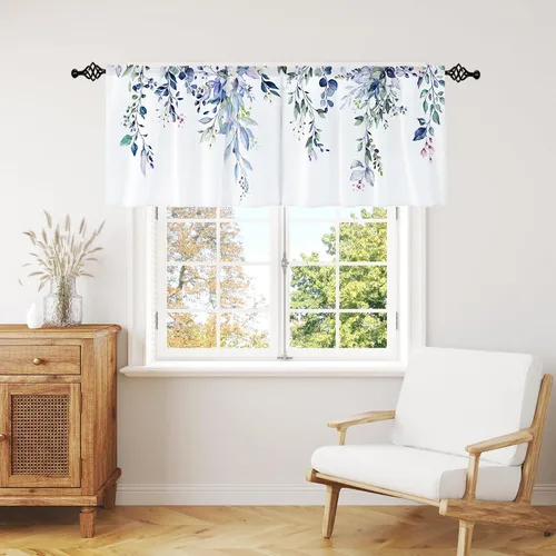 Miniatura 16 de Cortina de eucalipto negro y gris, cenefa para tratamiento de ventana, estilo bohemio, rústico, floral, bolsillo para barra, cortinas de ventana