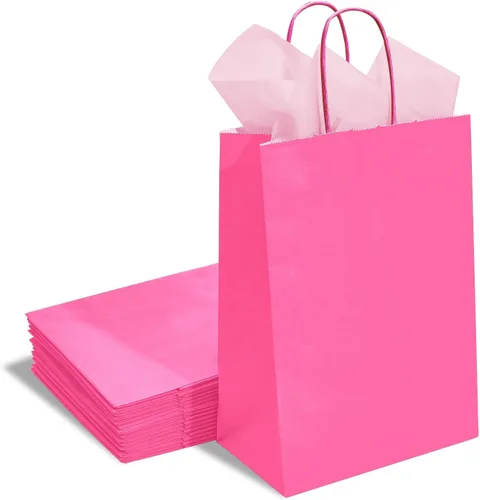 Miniatura 5 de DjinnGlory Paquete de 24 bolsas de regalo de papel rosa intenso de tamaño mediano con asas de 10 x 8 x 4 pulgadas y 24 papel de seda rosa para Rosa