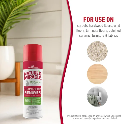 Miniatura 7 de Nature's Miracle Espuma eliminadora de manchas y olores para gatos, resistente a la orina de gato, heces, vómitos, babas y otras manchas y olores