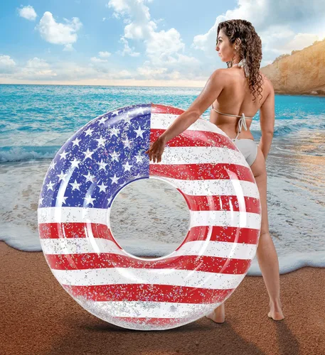 Miniatura 6 de POZA Flotador inflable de piscina de Estados Unidos – Lujosa tumbona divertida llena de confeti de estrellas plateadas brillantes, diseño de bandera