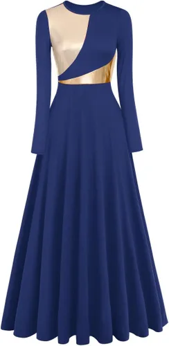 IDOPIP Vestido de baile de manga larga con bloques de color metálico para mujer, vestido litúrgico lírico de adoración