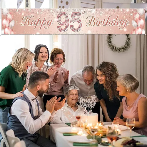 Miniatura 5 de Hysilla Decoraciones de fiesta de cumpleaños número 95 para mujer, incluyendo banda, corona, adorno de pastel, globos, pin y juego de velas, oro rosa