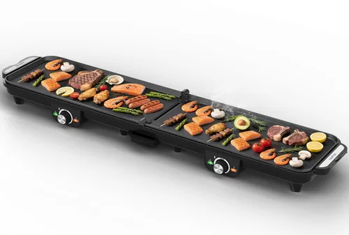 Parrilla Eléctrica de 1600W para Interiores: Gran Parrilla Superior Plana con Placas Antiadherentes, 44.5 cm x 22.9 cm, 2 Zonas de Cocina con
