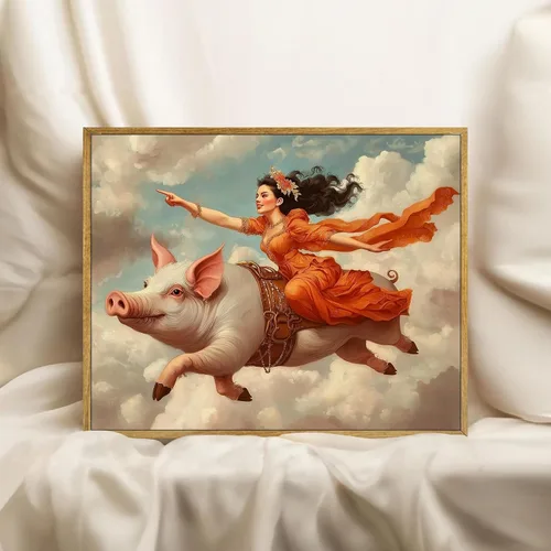 Miniatura 2 de Arte de pared de mujer victoriana, clásico ecléctico antiguo, impresiones divertidas de cerdo, lienzo retro surrealista, arte de pared de animales