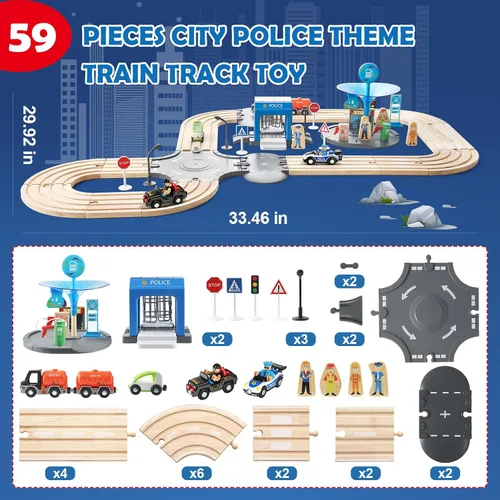 Miniatura 2 de Juego de 59 piezas de tren de madera para niños pequeños, tren de juguete con pista para niños de 3 a 6 años, set de juego de lujo de doble pista