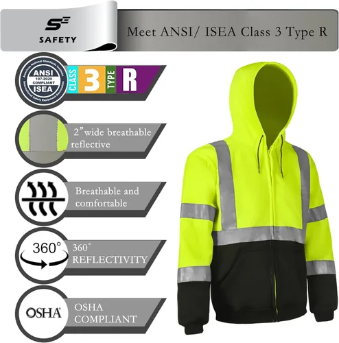 Miniatura 3 de sesafety Sudadera de seguridad de alta visibilidad para hombre, sudadera con capucha reflectante con cremallera clase 3, sudadera con capucha