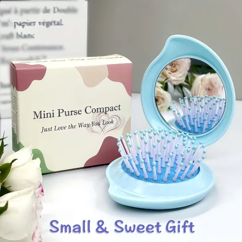 Miniatura 6 de Mini cepillo de pelo con espejo para bolso, relleno de calcetines para mujeres, regalos para adolescentes, espejo pequeño y compacto con cepillo Azul