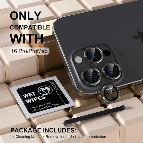 Miniatura 2 de Misea Compatible con iPhone 16 Pro/iPhone 16 Pro Max, protector de lente de cámara de vidrio templado Ultra-HD, protector de pantalla de anillo Negro