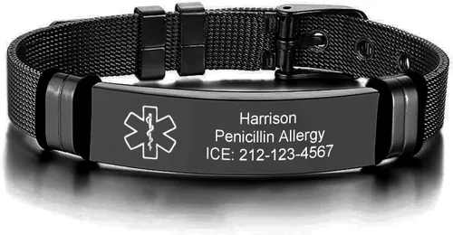 Pulseras personalizadas de alerta médica para hombres, mujeres y niños, grabado gratuito, malla de acero inoxidable ajustable, pulsera de
