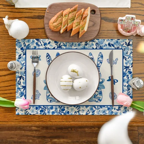 Miniatura 2 de Artoid Mode Juego de 4 manteles individuales de porcelana con diseño de conejo, Pascua, 12 x 18 pulgadas, para decoración de exteriores, hogar