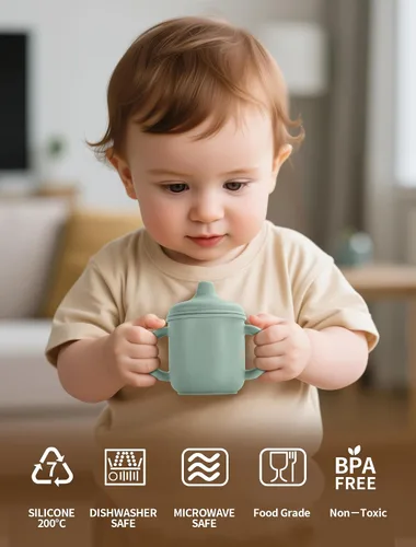 Miniatura 4 de Juego de tazas de silicona para niños pequeños, 2 tazas con popote y 2 tazas para bebés de 6 meses, tazas de entrenamiento a prueba de derrames a
