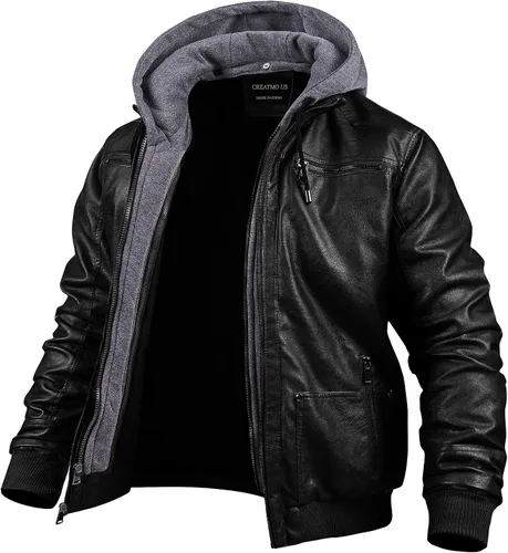 CREATMO US - Chaqueta de piel sintética para hombre, para motocicleta, estilo vintage, bomber, tipo moto, impermeable, cortavientos, de poliuretano,