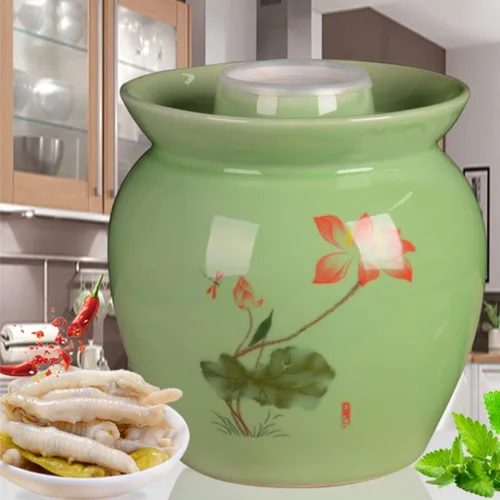 Miniatura 6 de ZHOUXIAO Tarro de fermentación tradicional de cerámica para pepinillos, tarro de fermentación chino con patrón de loto, tanque de fermentación