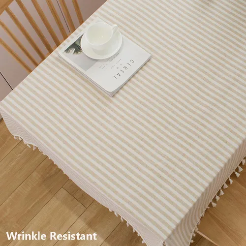 Miniatura 2 de TruDelve Mantel Cuadrado de Algodón para Mesas, Manteles a Rayas Beige para Exteriores, Mantel de Otoño para Picnic (Beige, 55"x55", Cuadrado)