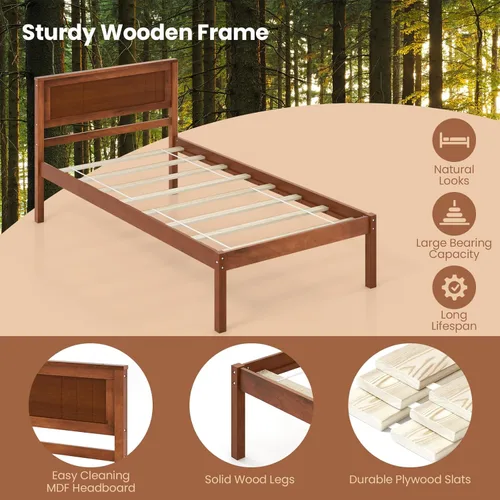 Miniatura 4 de Giantex Base de cama individual con cabecero, cama de plataforma de madera maciza con soporte de listones de madera, cama individual