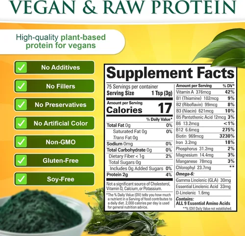 Miniatura 3 de Sunlit Best Polvo de Espirulina Orgánica USDA - Clorofila, Absorción Rápida, Alga Espirulina Azul-Verde, Proteína Cruda Vegana - Sin OMG