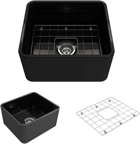 BOCCHI Classico Farmhouse Fregadero de cocina de arcilla refractaria con frente de delantal de 20 pulgadas, un solo tazón con rejilla protectora