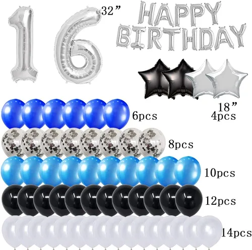 Miniatura 2 de Juego de suministros de decoración de cumpleaños número 16 para fiesta de cumpleaños, globos de aluminio con el número 16 y globos