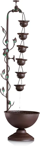 Alpine Corporation MAZ254 Fuente de agua vintage para piso al aire libre con 6 tazas colgantes, cascada de niveles relajante, 38 pulgadas, bronce