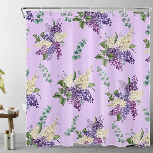 Miniatura 21 de EOBTAIN Cortina de ducha floral púrpura para baño, flores de acuarela y hojas de eucalipto verde sobre beige, cortina de ducha con 10 ganchos, juego
