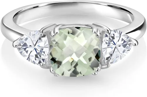 Miniatura 29 de 925 Sterling Silver Gemstone Birthstone and White Moissanite 3-Stone Engagement Ring for Women 7MM Cushion and 5MM Trillion Accents Three Stone