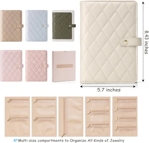 Miniatura 4 de Vlando Organizador de libros de joyería, estuche de viaje de cuero con 5 páginas desmontables para collares, anillos, aretes, sin enredos