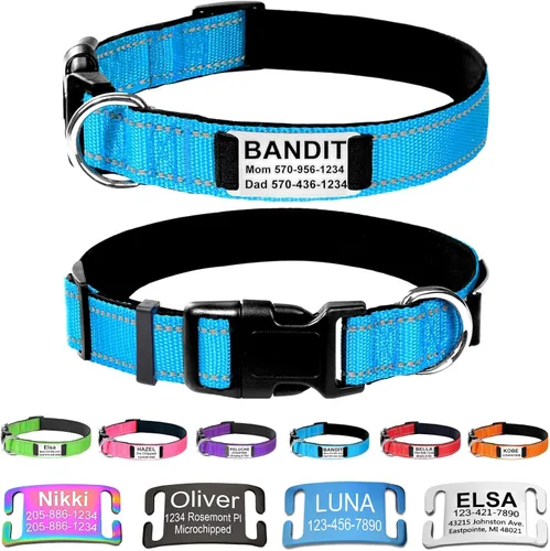 Miniatura 15 de Collares de perro personalizados con placa de nombre, etiquetas de identificación grabadas con collar de nailon reflectante, collar de neopreno