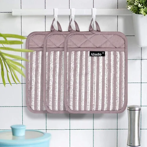 Miniatura 7 de Alselo Juego de 3 Agarraderas de Ollas de Silicona Resistentes al Calor y Antideslizantes, Almohadillas Calientes Profesionales para Horno con Morado