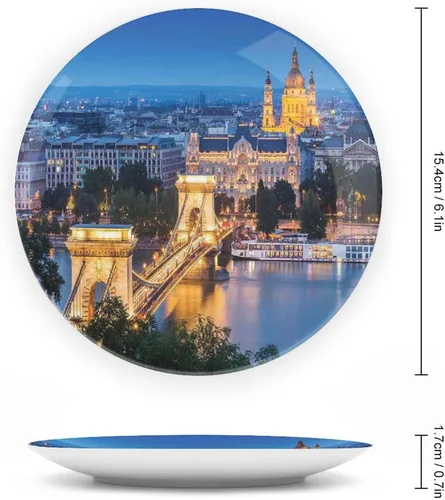 Miniatura 2 de XISUNYA Plato decorativo de 6 pulgadas, placa de porcelana con paisaje urbano, puente histórico antiguo en Budapest, impresión tradicional europea