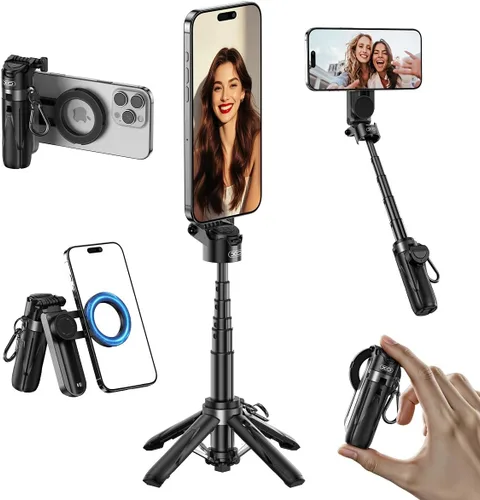Miniatura 11 de Mini trípode retráctil para teléfono celular, trípode portátil para selfie stick de viaje con soporte para teléfono celular de control remoto