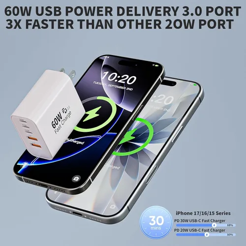 Miniatura 5 de 60W iPhone 17 16 Type C Wall Charger Block,2 Pack Apple Multi Fast Charging Blocks for iPhone,QC&Power Adapter for iPhone 17/17 Air/16e/16Pro