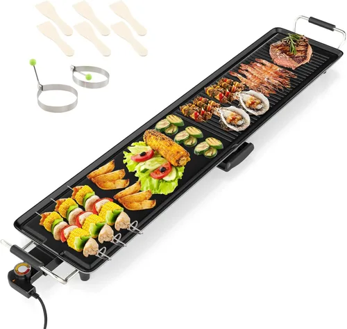 COSTWAY Plancha Eléctrica de 39.5", Parrilla Teppanyaki Extragrande con 2 Superficies Antiadherentes, Temperatura Ajustable, Asas Aisladas y Bandeja