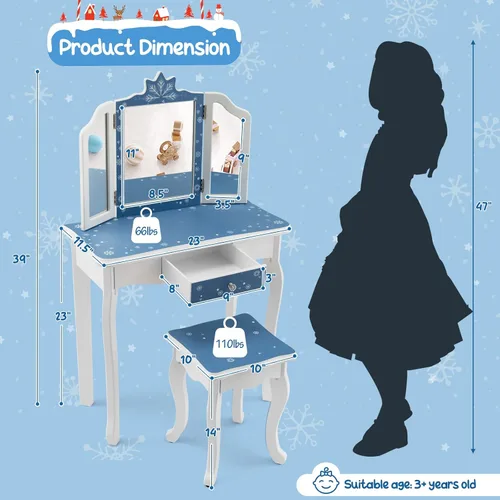 Miniatura 2 de GLACER Vanity - Tocador de maquillaje 2 en 1 con parte superior desmontable, espejo de tres pliegues, cajón, taburete, juego de mesa y silla