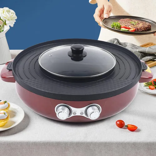 Miniatura 5 de 2 en 1 olla eléctrica portátil 110 V 2200 W barbacoa parrilla placa hogar cocina cocina sartén sartén roja (19.7 x 19.7 pulgadas)