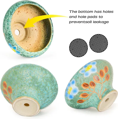 Miniatura 5 de Sungmor Macetas grandes para suculentas de 9.6 pulgadas, bonita maceta de cerámica pintada a mano con drenaje, maceta de cactus para interiores