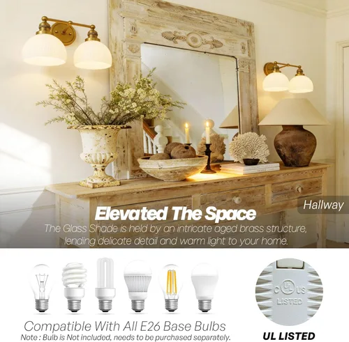 Miniatura 4 de Apliques de Pared Dorados de 2 Luces, Aplique de Pared Vintage para Baño con Vidrio Esmerilado de Doble Brazo de Latón, Luz de Tocador para Baño