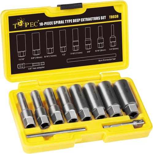 Topec Juego de Extractor de Pernos Profundos Tipo Espiral de 10 Piezas, Juego de Llaves de Extracción de Bujías, Removedor de Tuercas Peladas para