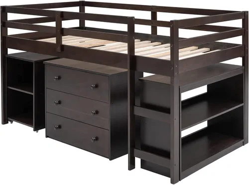 Miniatura 5 de Base de cama baja de madera con escritorio portátil rodante, cama alta individual con armario abierto y cajones, cama baja con estante para niños