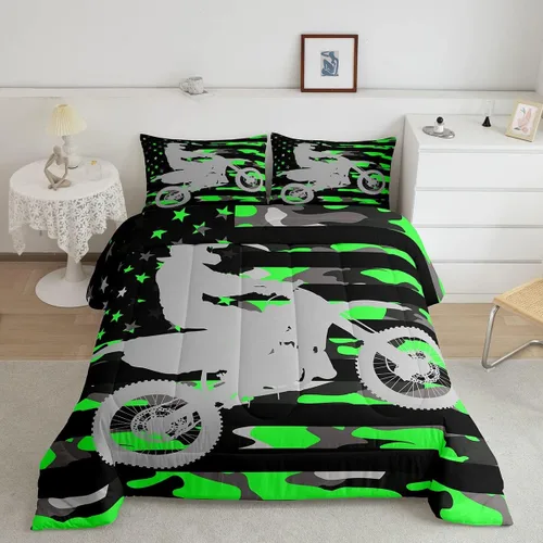 Miniatura 13 de Feelyou Kids Green Dirt Bike Duvet Insert Twin Size, Extreme Sports Comforter Set Boys Girls Motorbike Bedding Set Teens Bedroom Decor Microfiber