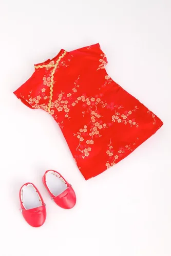 Miniatura 8 de Asian Beauty - Vestido tradicional asiático rojo y dorado con zapatos rojos, ropa para muñecas de 18 pulgadas (toll no incluido) Vestido