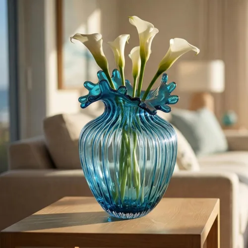 Miniatura 6 de ZAVOOS Jarrón de vidrio soplado a mano, jarrón azul decorativo de arte moderno para plantas de flores, jarrón único de burbujas para decoración
