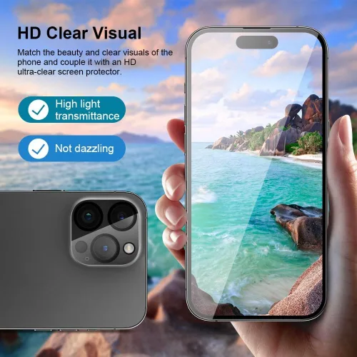 Miniatura 4 de Paquete de 2 protectores de pantalla para iPhone 15 Pro + 2 protectores de lente de cámara 9H + vidrio templado de grado militar, inastillable