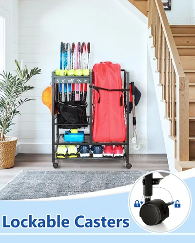 Miniatura 4 de Mythinglogic Estante de almacenamiento para bolsas de tenis, raqueta de tenis y organizador de pelotas, soporte para equipo de tenis para garaje