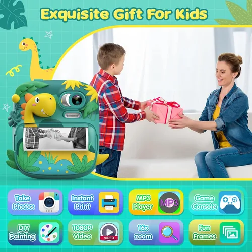 Miniatura 2 de Cámara de impresión instantánea para niños, cámara de pantalla de 2.4 pulgadas para niños, dinosaurio, cámara digital con tarjeta de 32 GB y 3 Verde