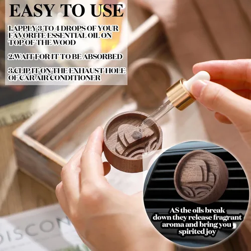 Miniatura 3 de Teenyyou Difusor pasivo de aromaterapia de madera, 4 unidades, con clip de ventilación, ambientador redondo de madera de nogal, regalos de invierno