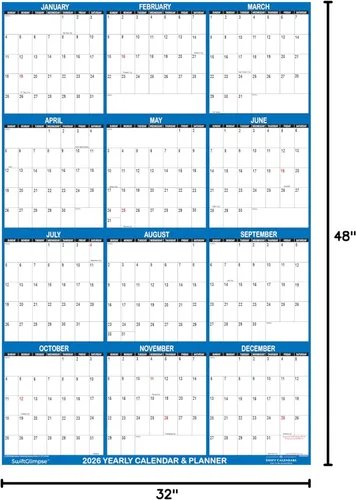 Miniatura 7 de 32" x 48" SwiftGlimpse - Calendario de pared 2026, borrable, grande XL, borrado en húmedo y seco, laminado, 12 meses, agenda anual, reversible, azul