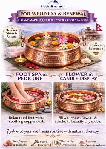 Miniatura 3 de Cuenco de spa de pies de cobre puro de 11 a 12 pulgadas hecho a mano Nepalí Khadkulo, lavabo de pedicura de cobre martillado para remojo de pies