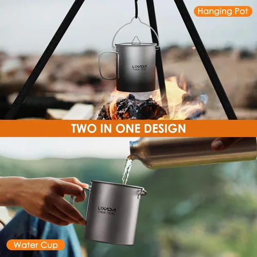 Miniatura 7 de Lixada Taza de agua de titanio con tapa y mango plegable, ultraligero de 25.4 fl oz, olla de titanio, portátil, al aire libre, camping, cocina