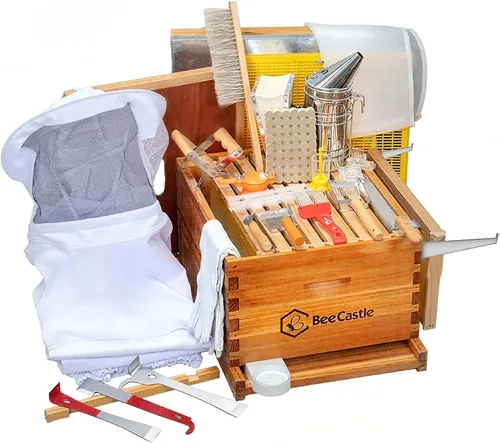 BeeCastle Kit de iniciación de 10 marcos para colmenas y suministros de abeja, kit de colmena sumergido en cera de abejas 100%, suministros de