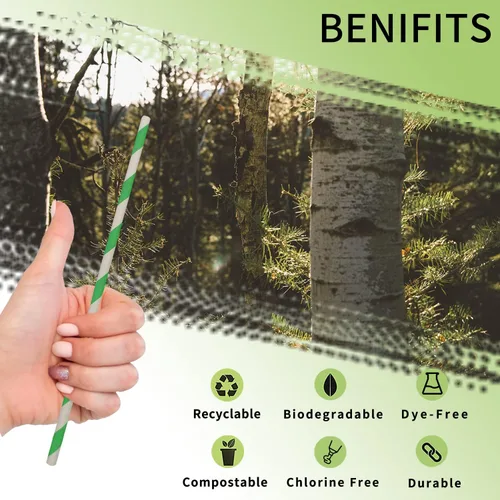 Miniatura 2 de Pajitas de papel a rayas verdes, biodegradables, desechables, de Navidad, verde y blanco, pajitas verdes primaverales de 7.75 pulgadas (100 cajas)